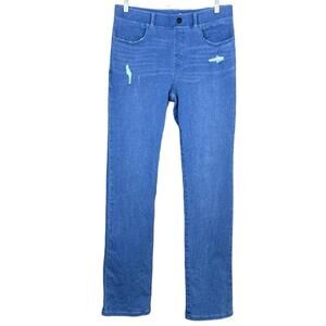 Betabrand 4 Pocket Yoga Denim Straight Leg Distressed Blue Jeans SZ Medium